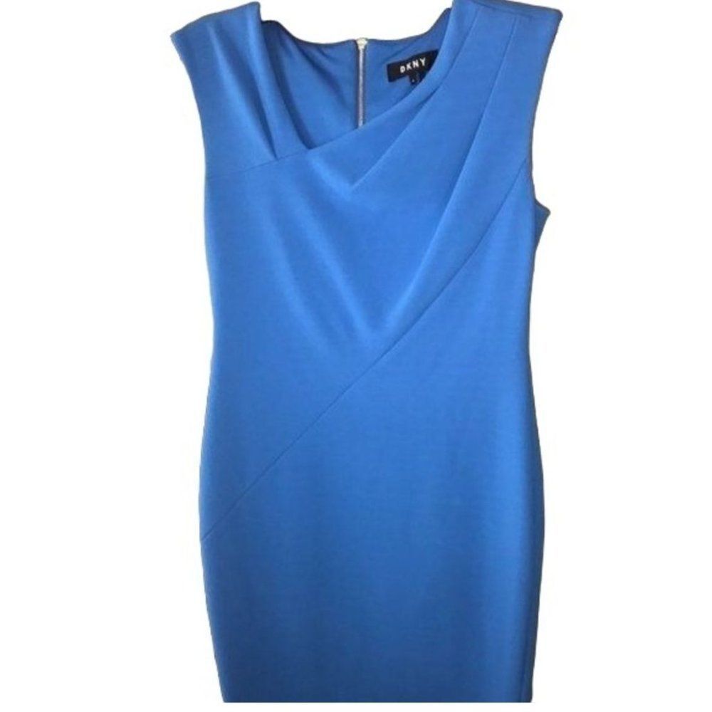 DKNY size 2 Blue dress with asymmetrical neck and 19" gold accent metal zipper - Picture 6 of 17
